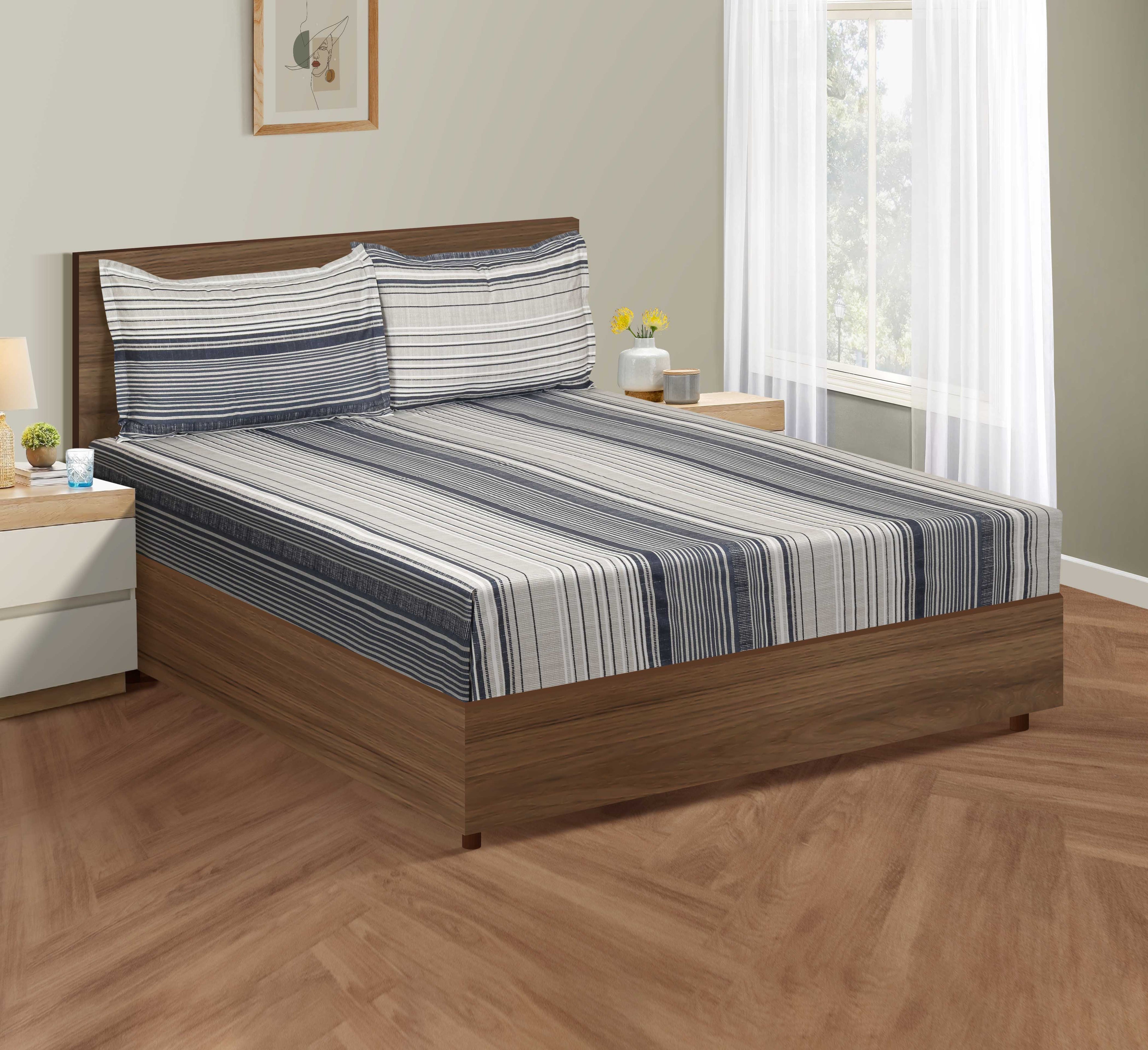 Modern Grey & Blue Striped Pure Cotton 210 TC King Fitted Bedsheet with 2 Pillow Covers (72x78x10 Inches)