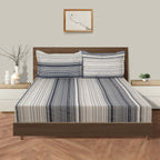 Modern Grey & Blue Striped Pure Cotton 210 TC King Fitted Bedsheet with 2 Pillow Covers (72x78x10 Inches)