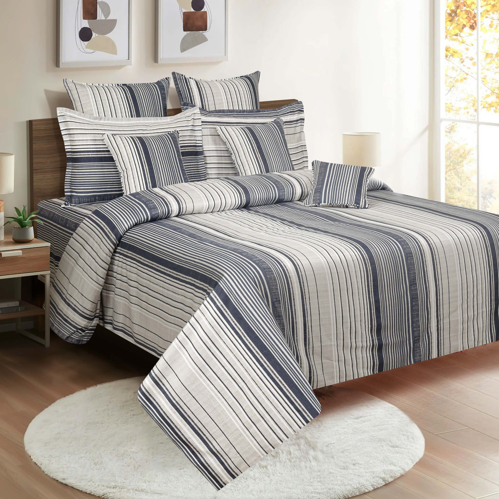 Modern Grey & Blue Striped Pure Cotton 210 TC King Fitted Bedsheet with 2 Pillow Covers (72x78x10 Inches)