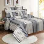 Modern Grey & Blue Striped Pure Cotton 210 TC King Fitted Bedsheet with 2 Pillow Covers (72x78x10 Inches)