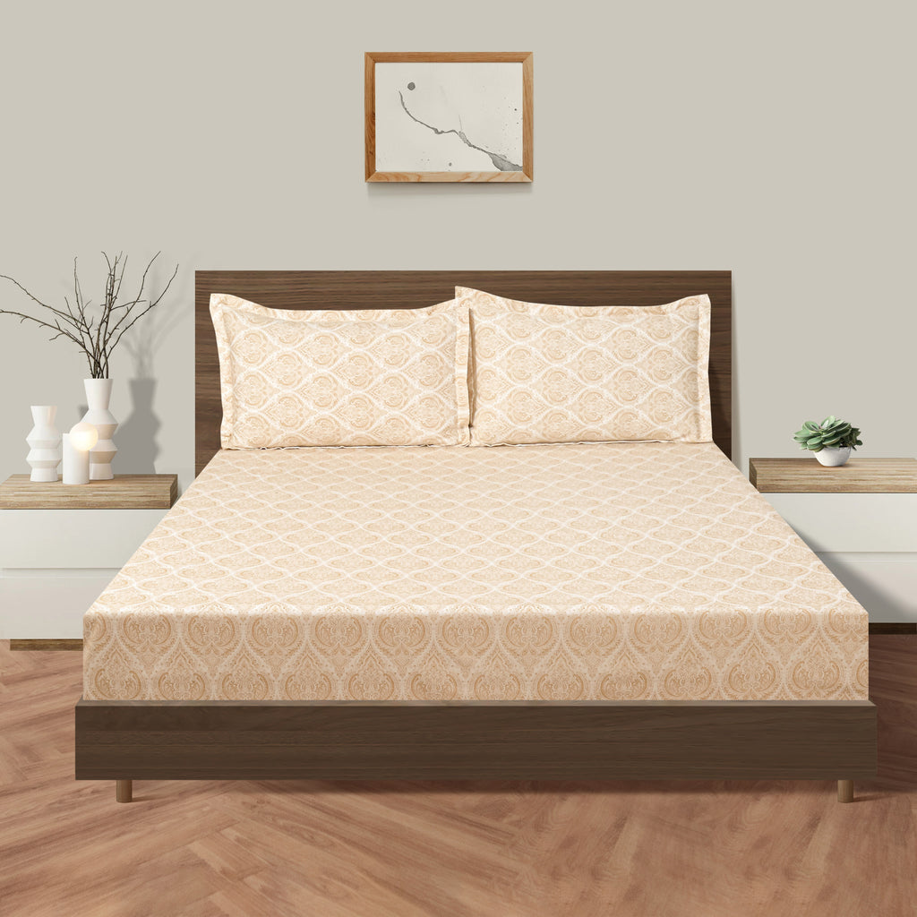 Ornamental Motif Ivory 210 TC Pure Cotton King Fitted Bedsheet with 2 Pillow Covers (72 x 78 x 10 Inches)