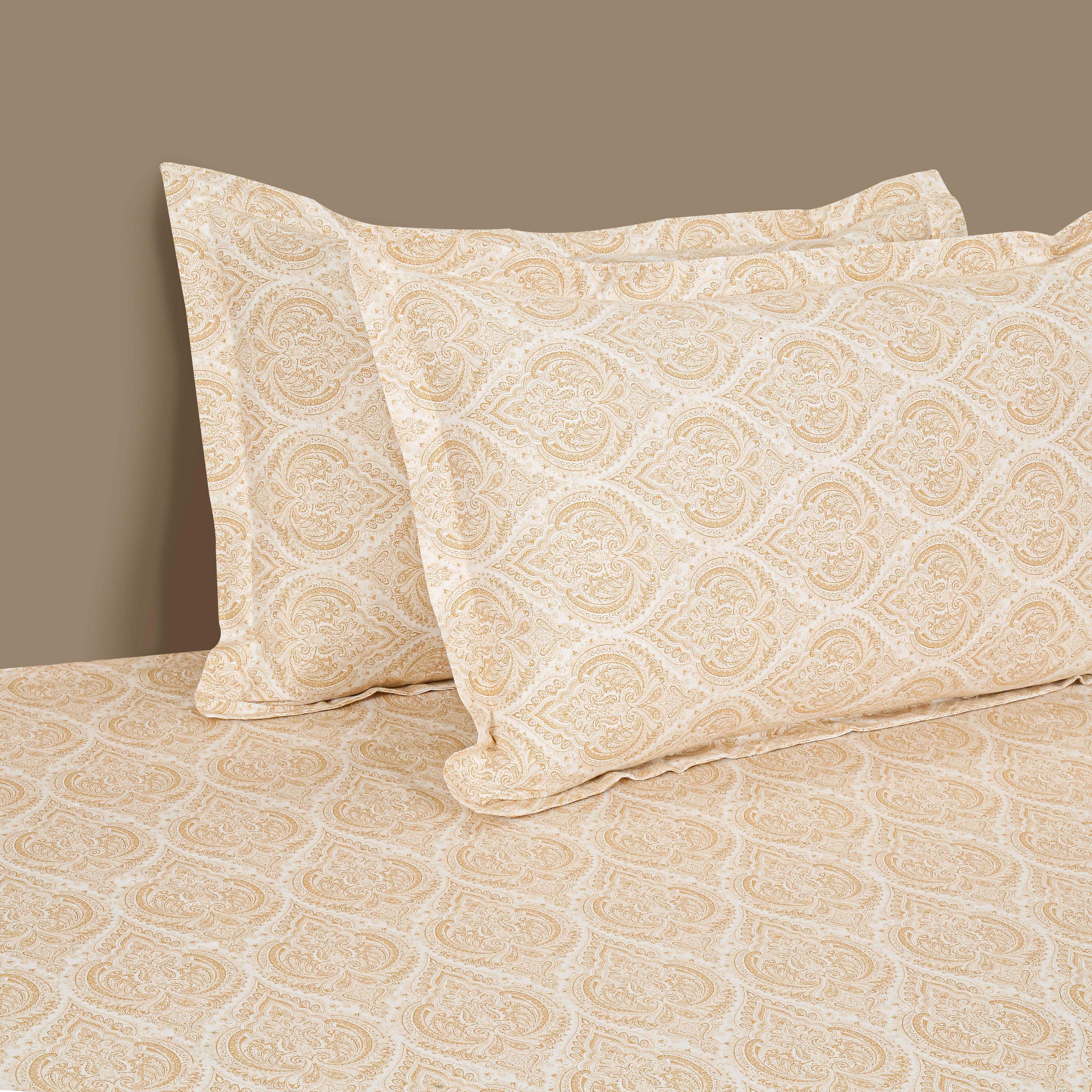 Ornamental Motif Ivory 210 TC Pure Cotton King Fitted Bedsheet with 2 Pillow Covers (72 x 78 x 10 Inches)