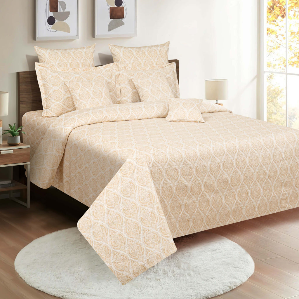 Ornamental Motif Ivory 210 TC Pure Cotton King Fitted Bedsheet with 2 Pillow Covers (72 x 78 x 10 Inches)
