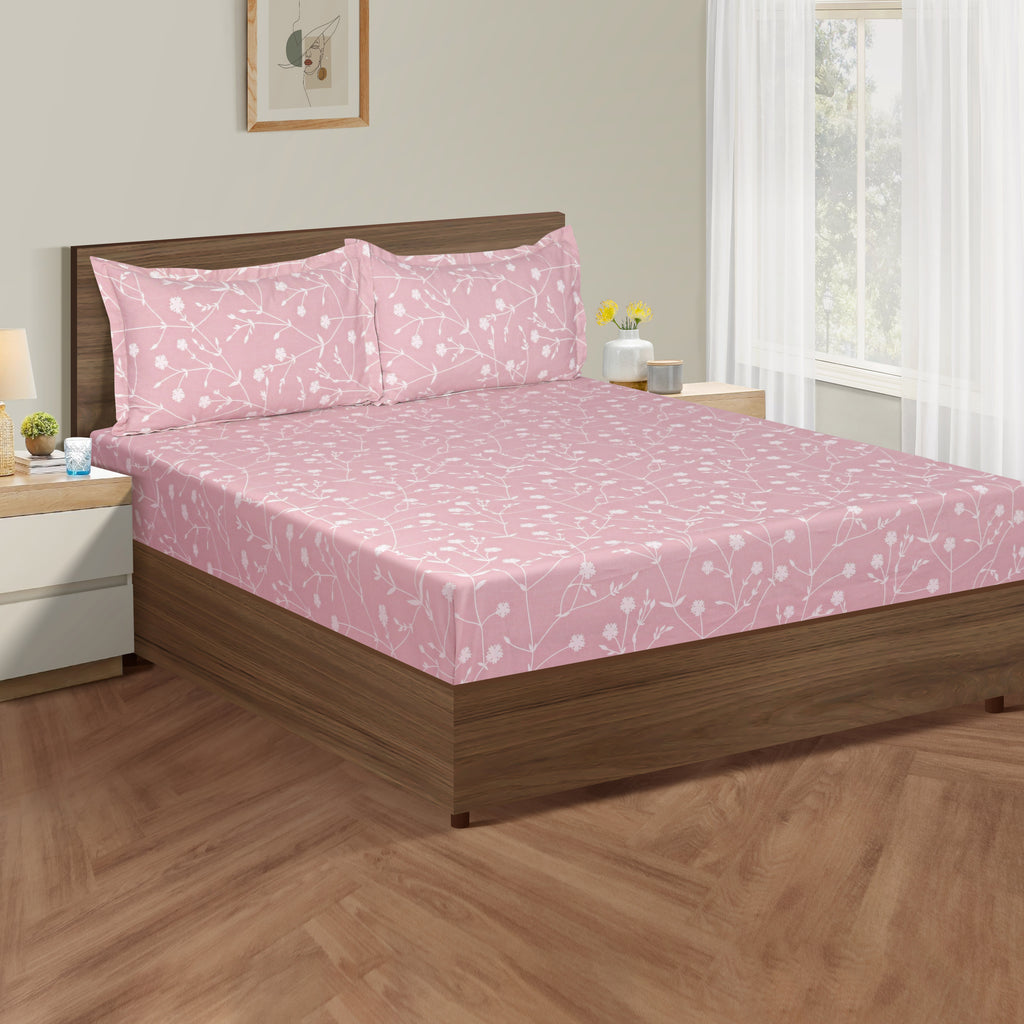 Elegant Blush Pink Floral Pure Cotton 210 TC King Fitted Bedsheet with 2 Pillow Covers (72x78x10 Inches)