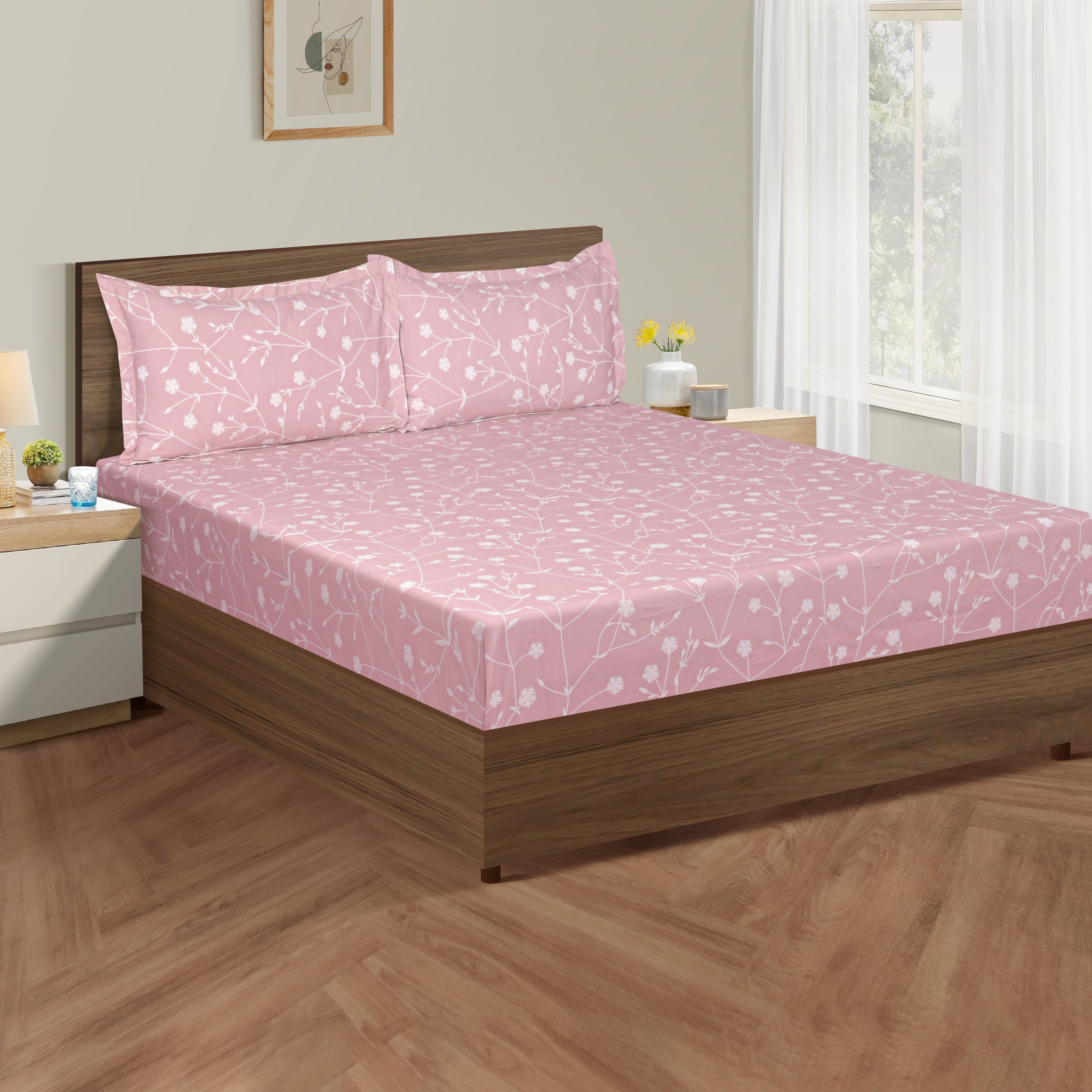 Elegant Blush Pink Floral Pure Cotton 210 TC King Fitted Bedsheet with 2 Pillow Covers (72x78x10 Inches)
