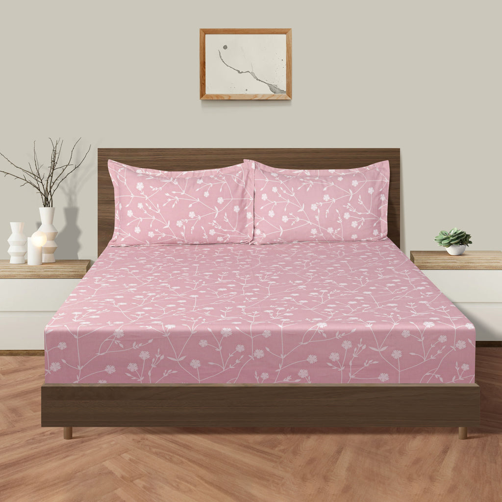 Elegant Blush Pink Floral Pure Cotton 210 TC King Fitted Bedsheet with 2 Pillow Covers (72x78x10 Inches)