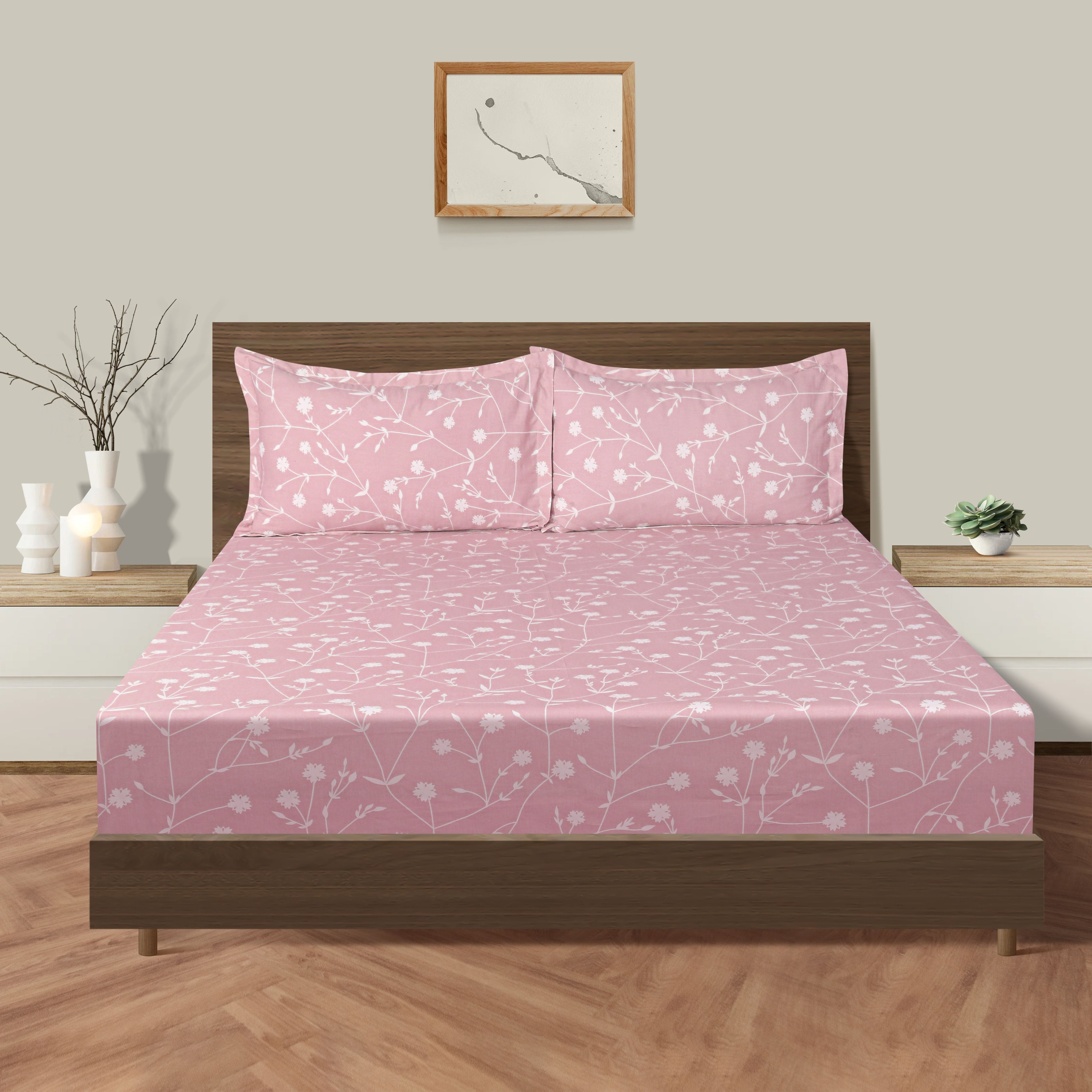 Elegant Blush Pink Floral Pure Cotton 210 TC King Fitted Bedsheet with 2 Pillow Covers (72x78x10 Inches)