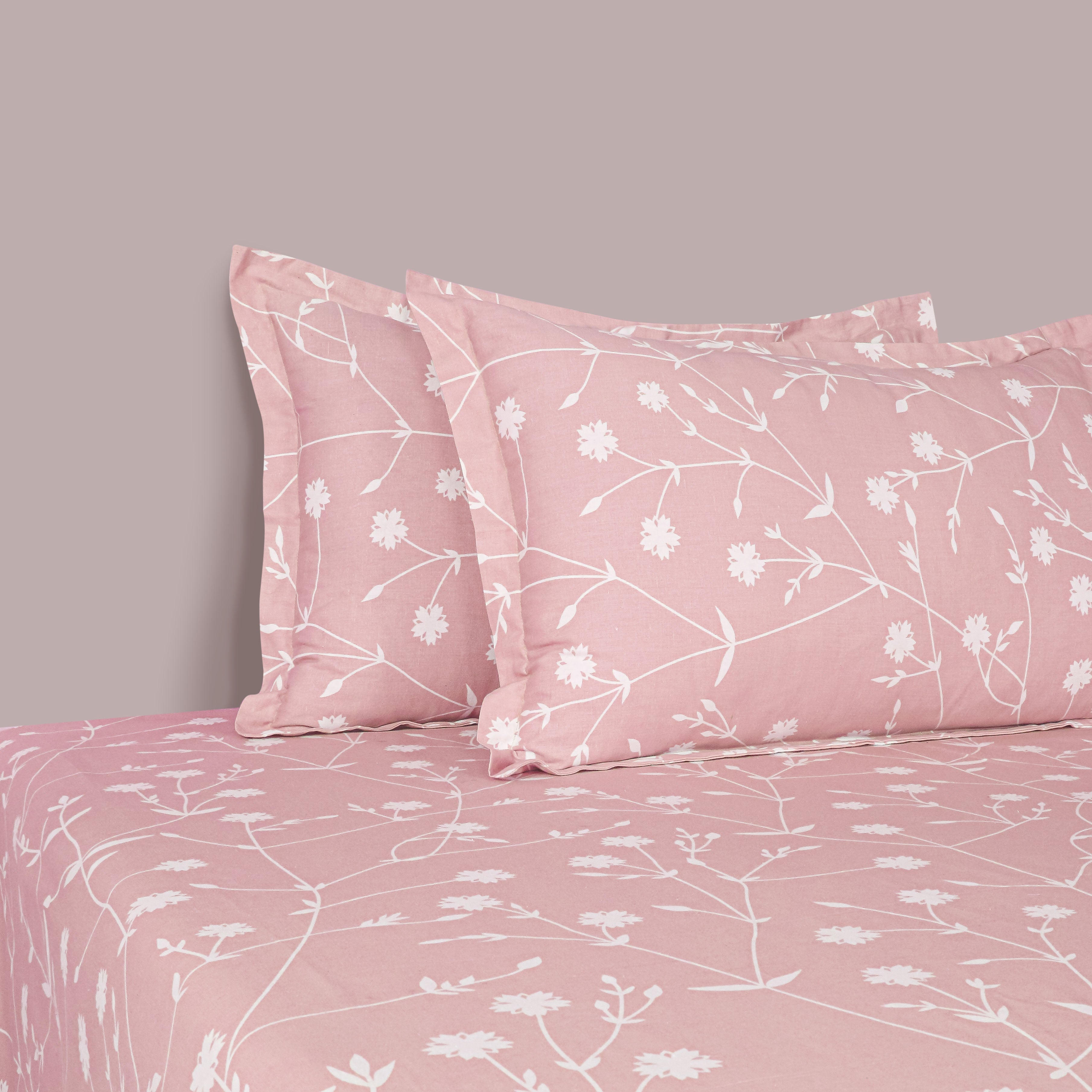 Elegant Blush Pink Floral Pure Cotton 210 TC King Fitted Bedsheet with 2 Pillow Covers (72x78x10 Inches)