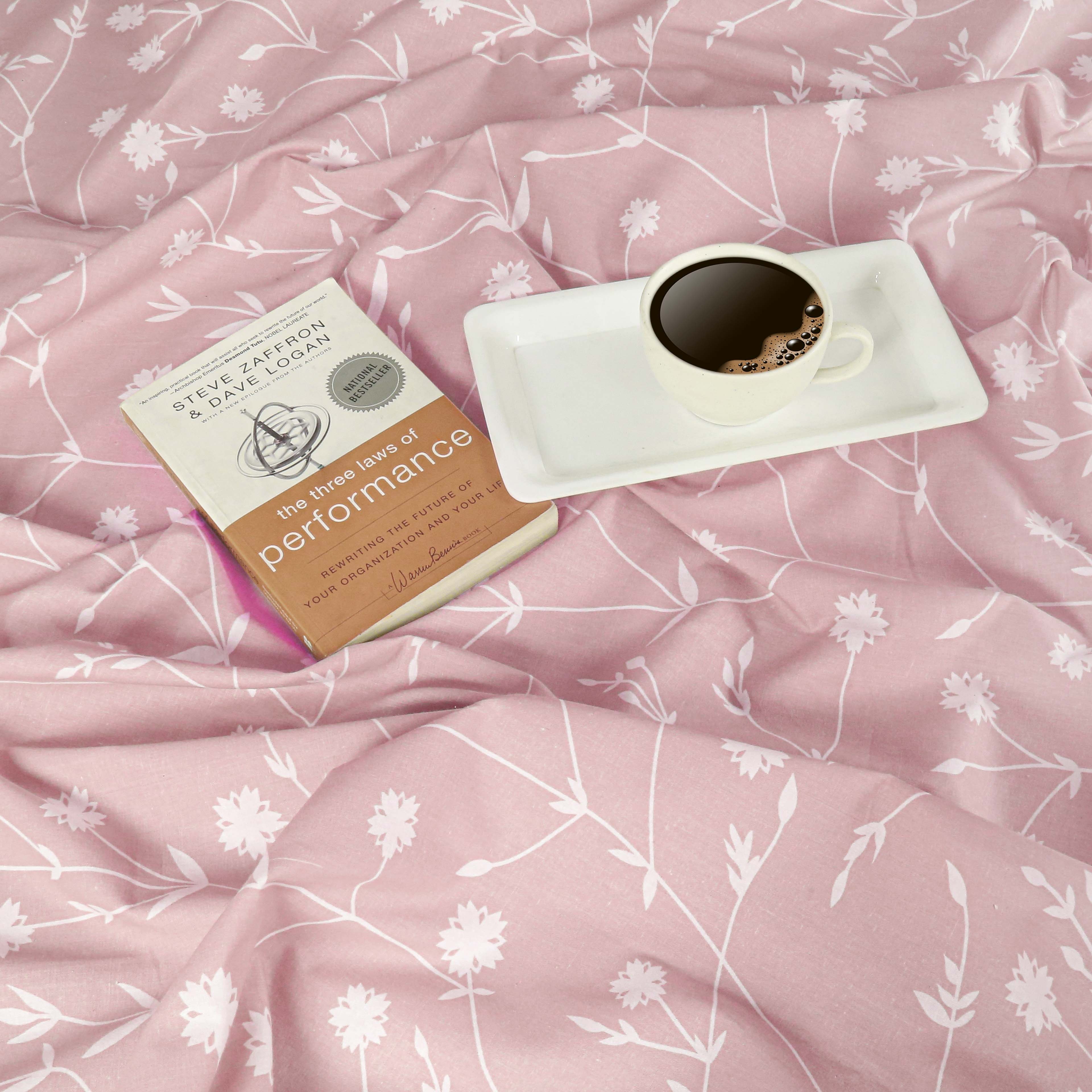 Elegant Blush Pink Floral Pure Cotton 210 TC King Fitted Bedsheet with 2 Pillow Covers (72x78x10 Inches)