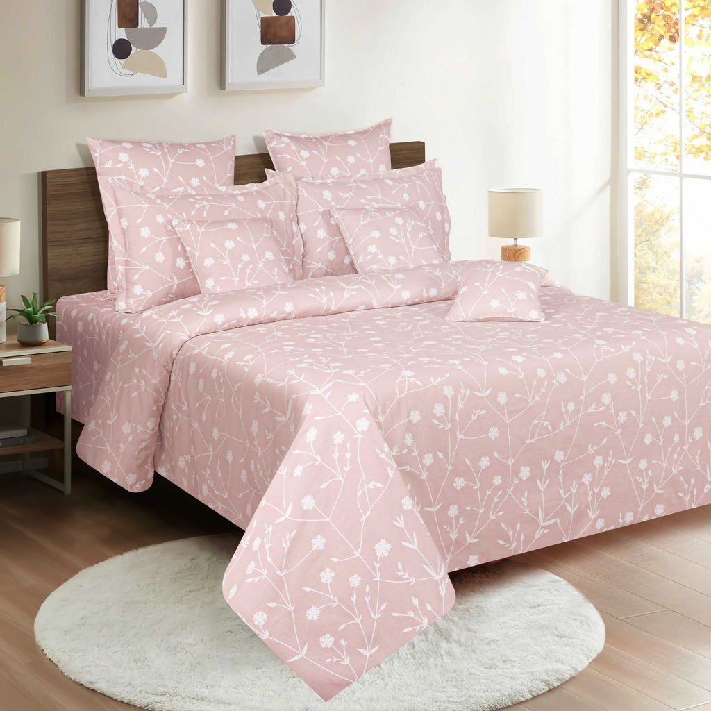 Elegant Blush Pink Floral Pure Cotton 210 TC King Fitted Bedsheet with 2 Pillow Covers (72x78x10 Inches)