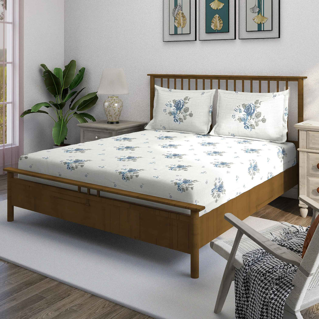 Blue Flora - 210TC Pure Cotton Queen Fitted Bedsheet (60x73x10 Inches)