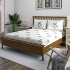 Blue Flora - 210TC Pure Cotton Queen Fitted Bedsheet (60x73x10 Inches)