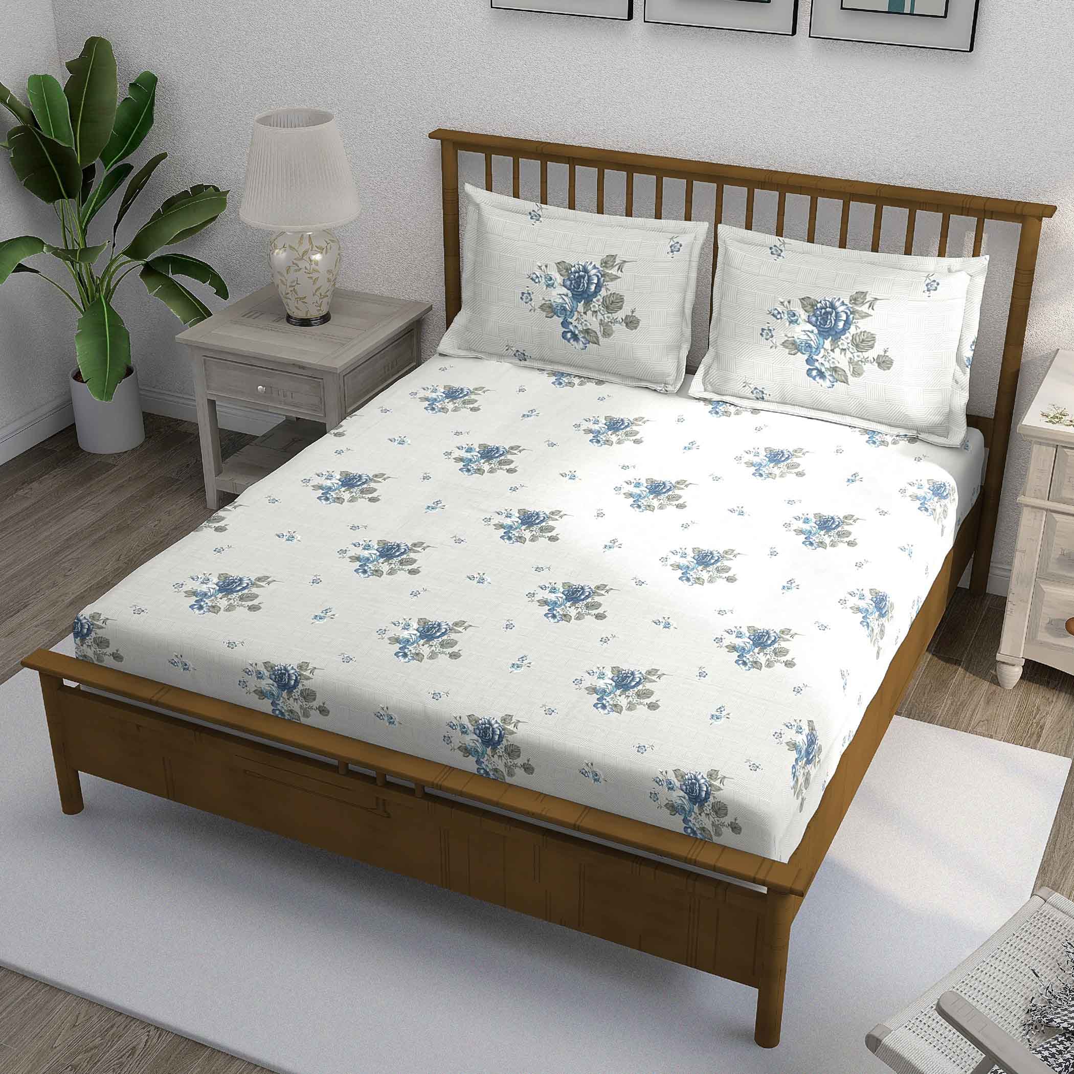 Blue Flora - 210TC Pure Cotton King Fitted Bedsheet (72x78x10 Inches)