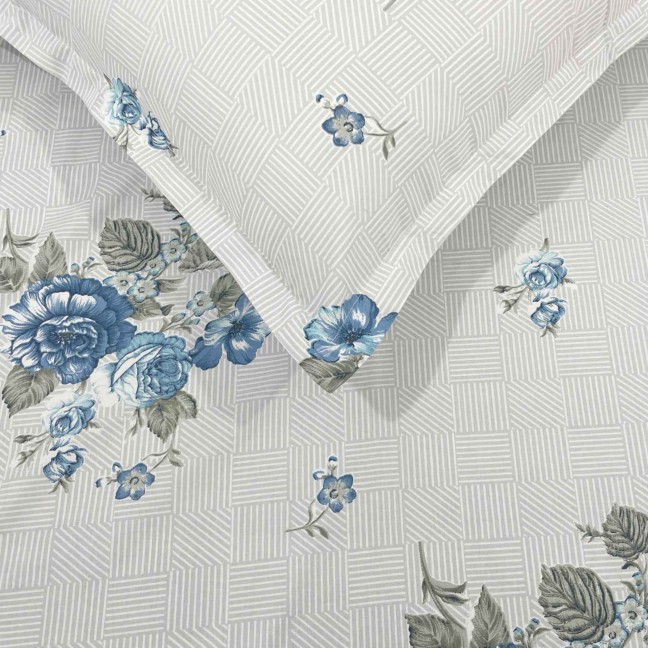 Blue Flora - 210TC Pure Cotton King Fitted Bedsheet (72x78x10 Inches)