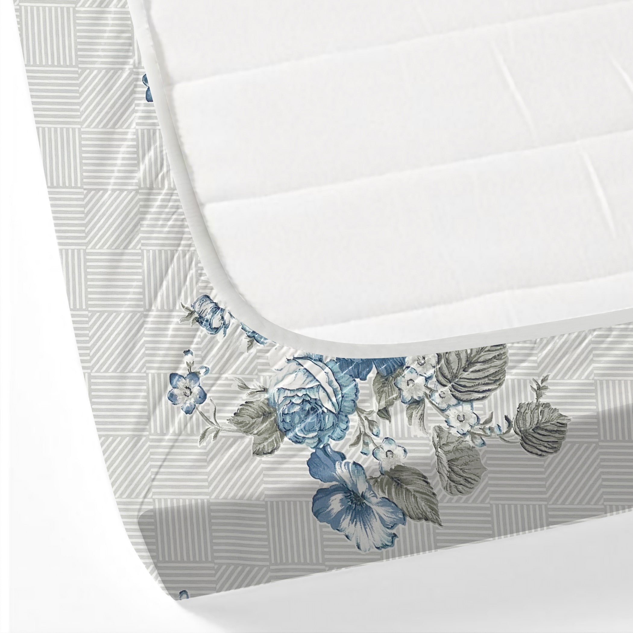 Blue Flora - 210TC Pure Cotton King Fitted Bedsheet (72x78x10 Inches)