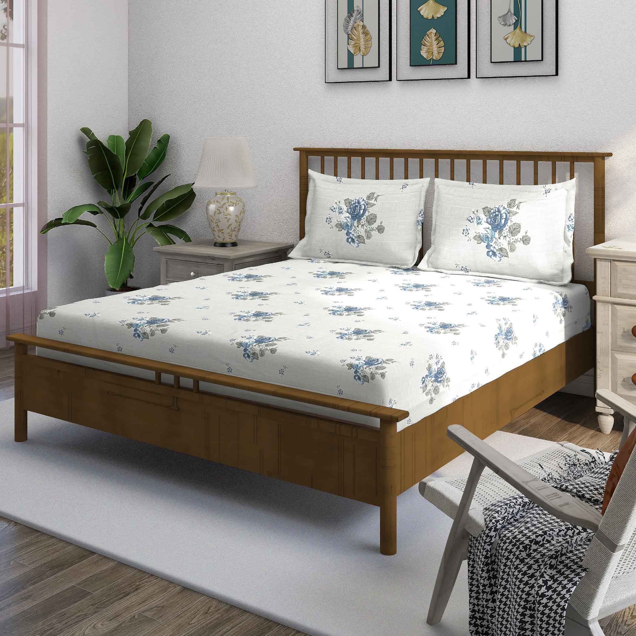 Blue Flora - 210TC Pure Cotton King Fitted Bedsheet (72x78x10 Inches)