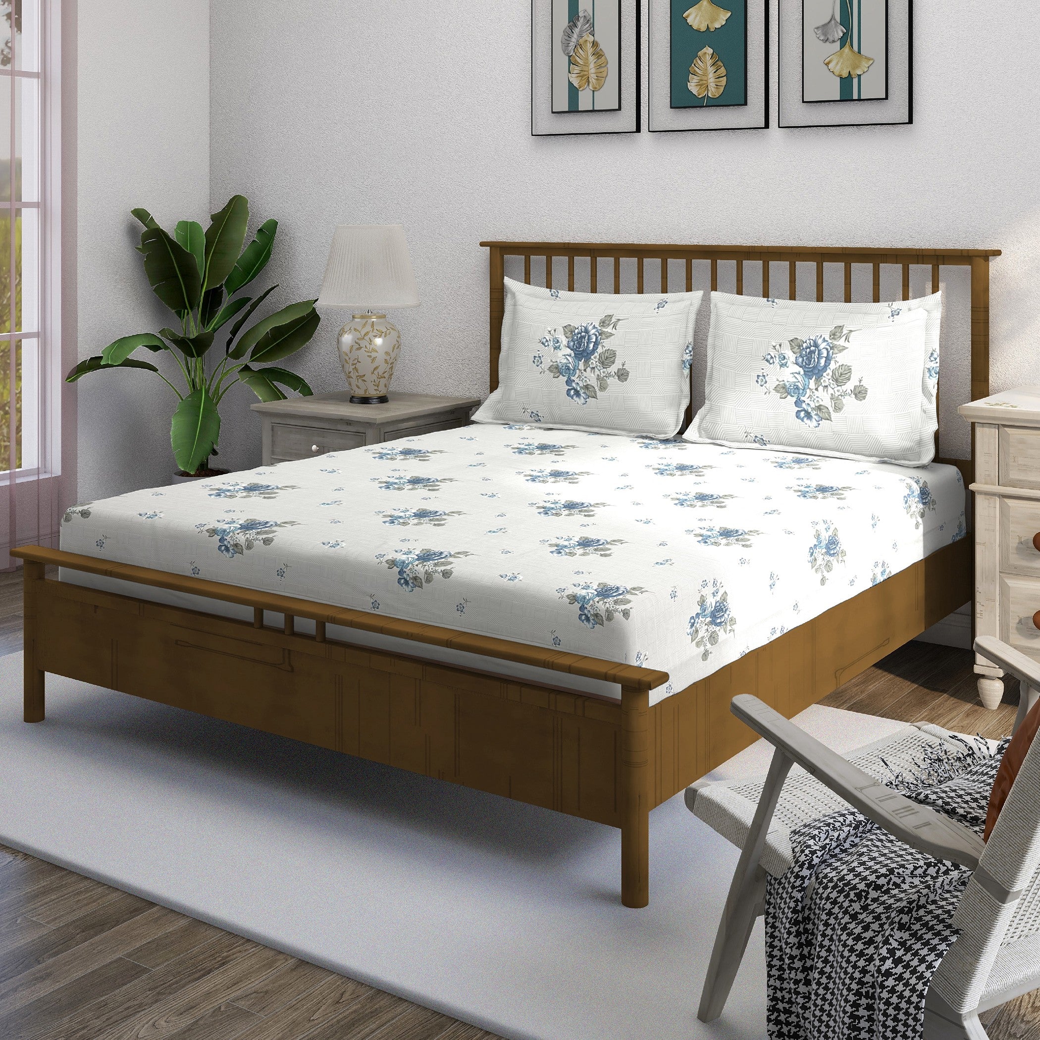 Blue Flora - 210TC Pure Cotton King Fitted Bedsheet (72x78x10 Inches)