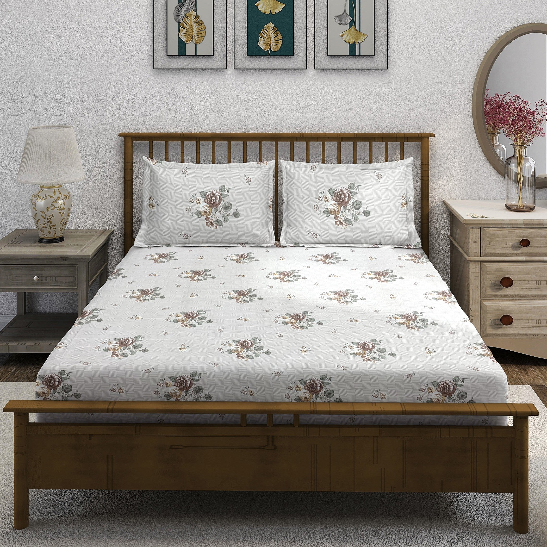 Brown Flora - 210TC Pure Cotton King Fitted Bedsheet (72x78x10 Inches)