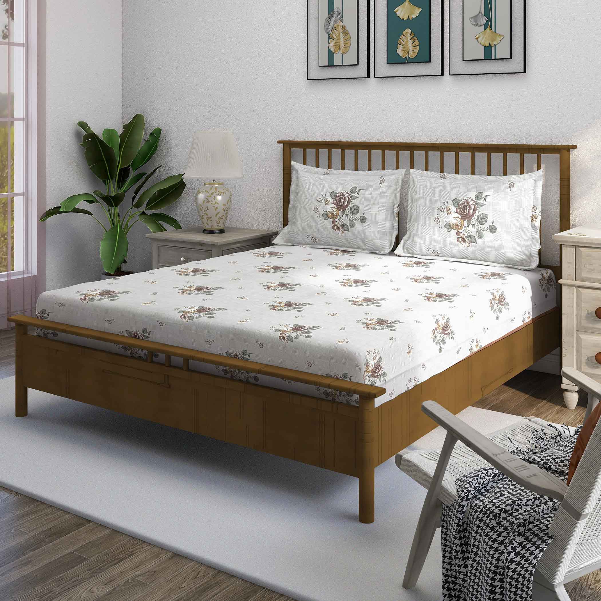 Brown Flora - 210TC Pure Cotton Queen Fitted Bedsheet (60x73x10 Inches)