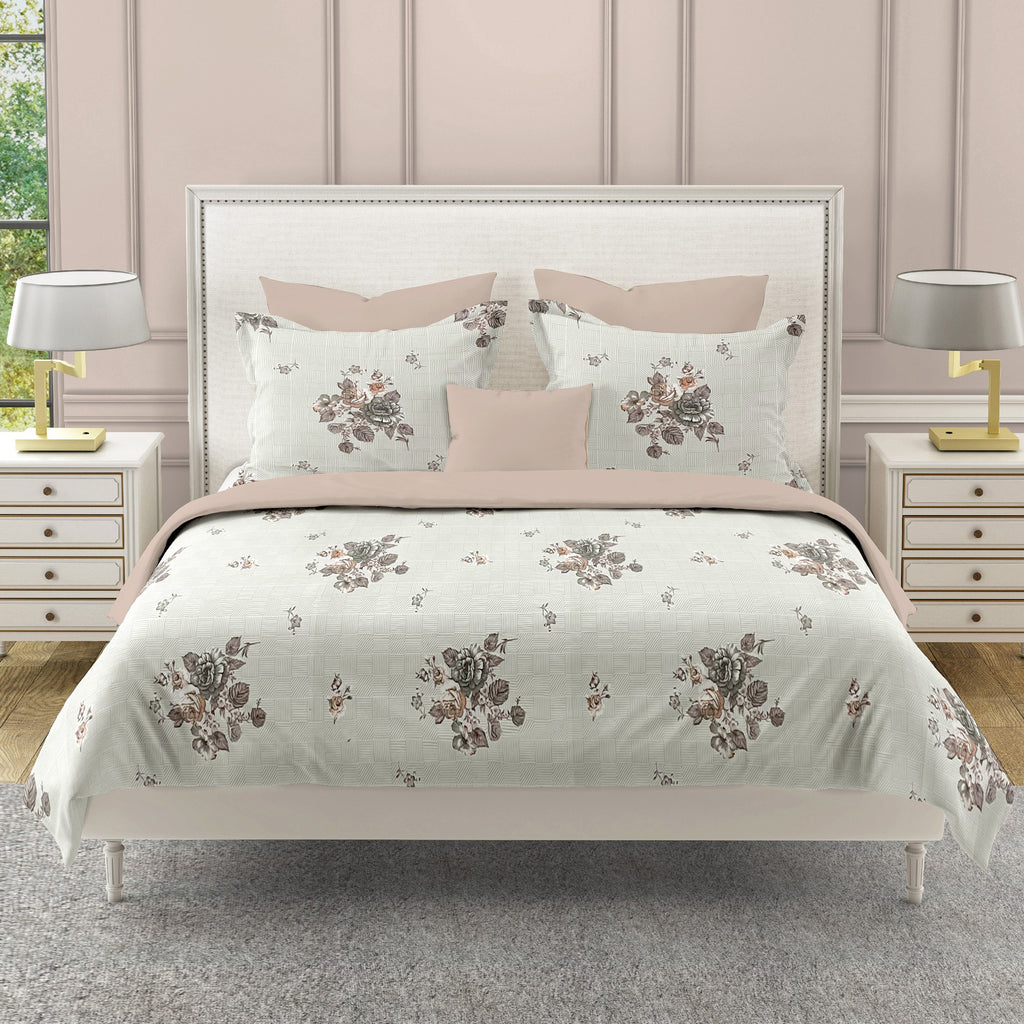 Grey Flora - 210TC Pure Cotton King Fitted Bedsheet (72x78x10 Inches)