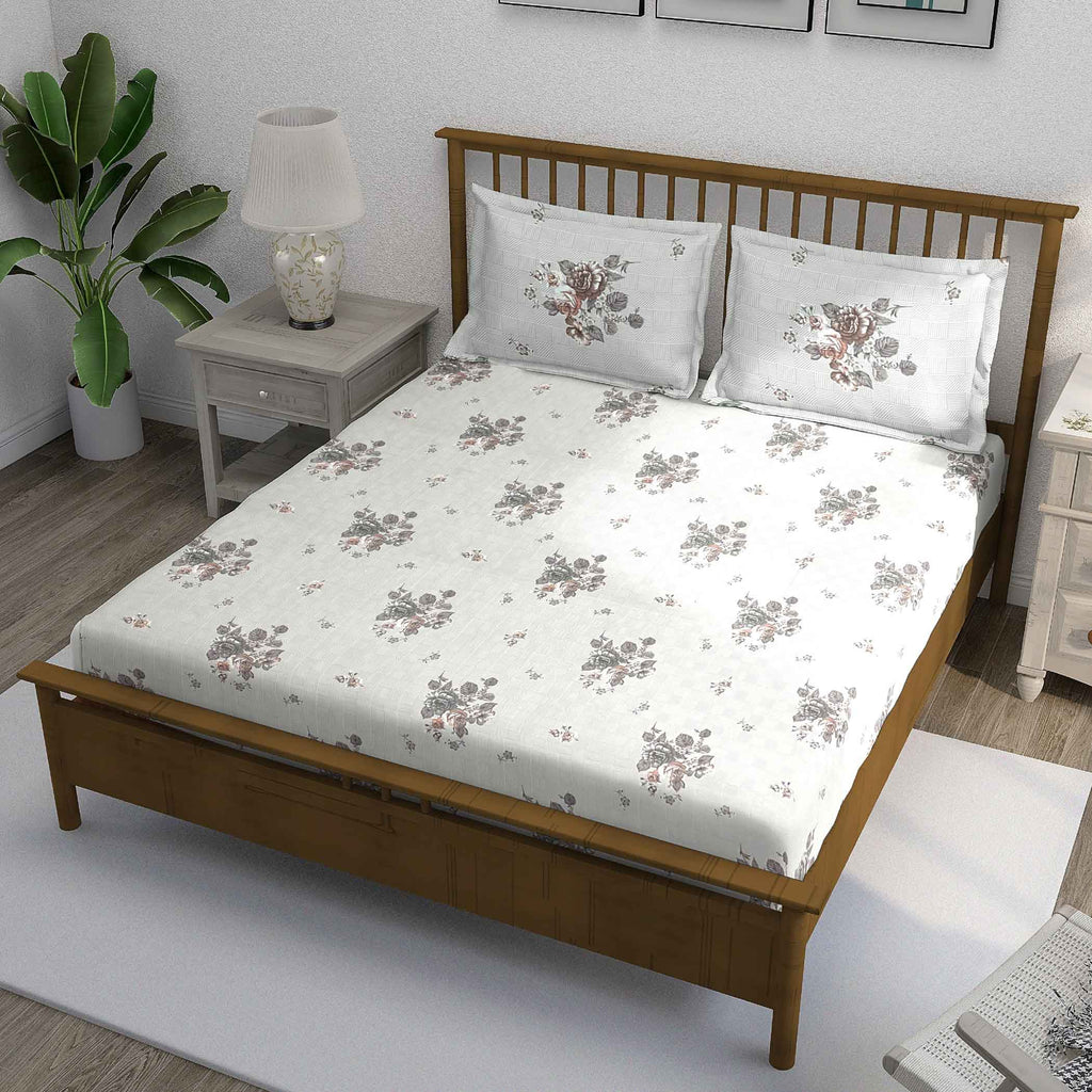 Grey Flora - 210TC Pure Cotton Queen Fitted Bedsheet (60x73x10 Inches)