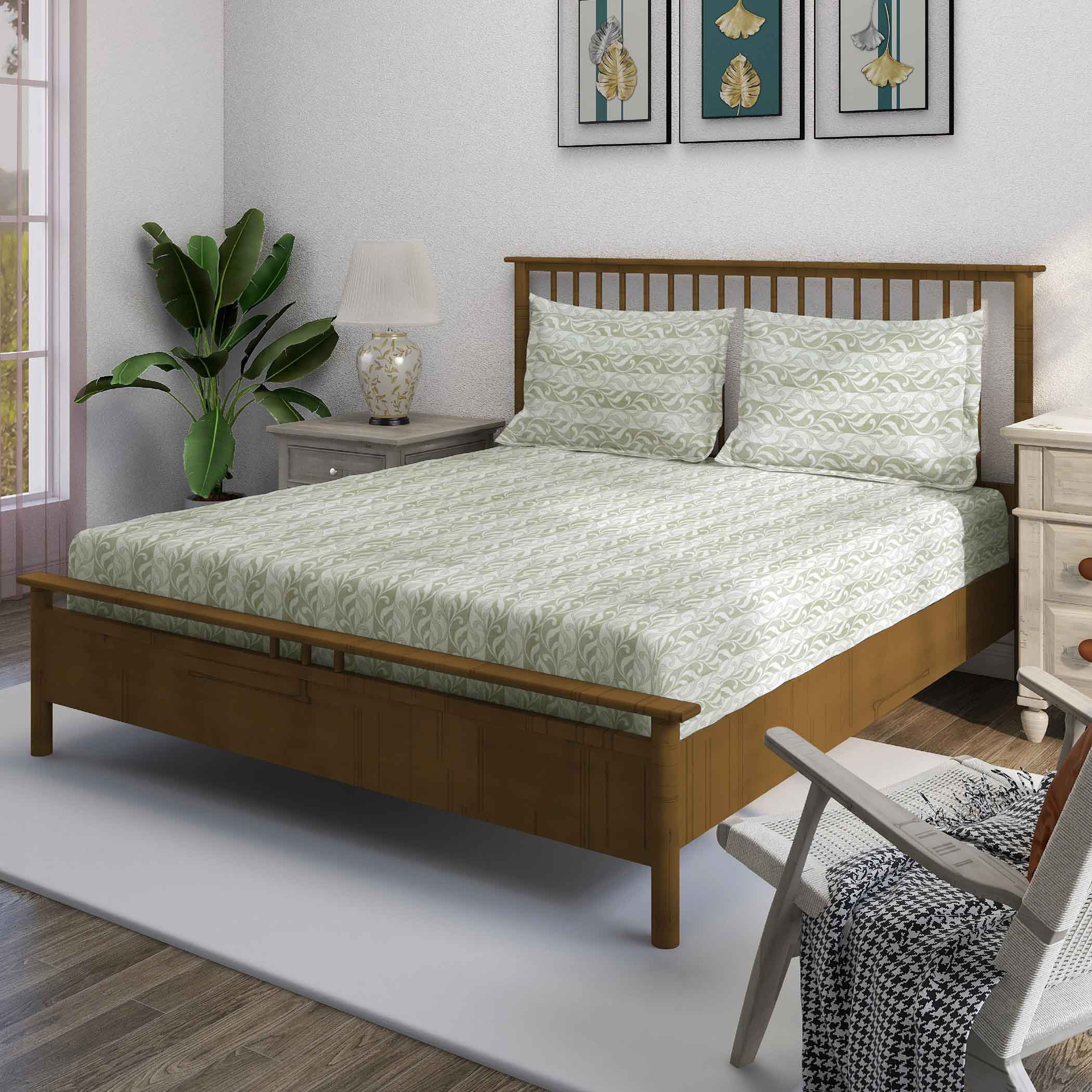 Olive Fern - 210TC Cotton King Fitted Bedsheet (72x78x10 Inches)