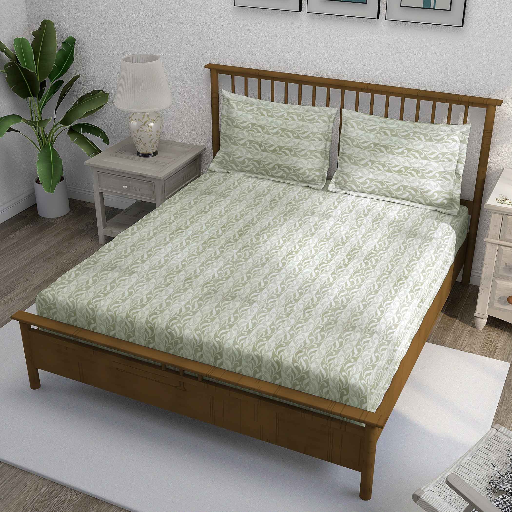 Olive Fern - 210TC Cotton King Fitted Bedsheet (72x78x10 Inches)