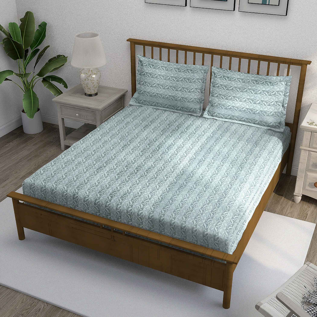 Heather Fern - 210TC Blue Cotton King Fitted Bedsheet (72x78x10 Inches)