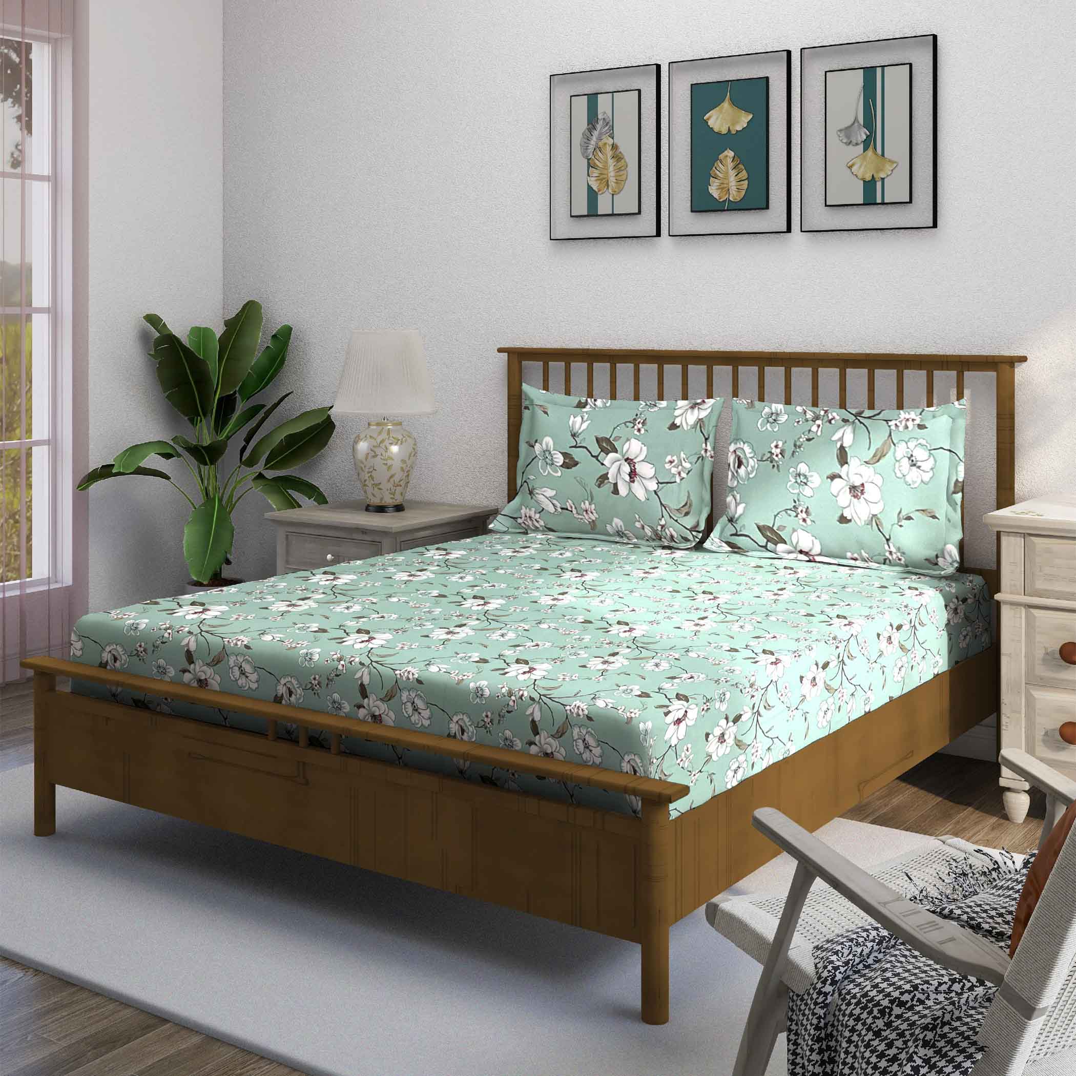 Aqua Spring - 210TC Pure Cotton King Fitted Bedsheet (72x78x10 Inches)