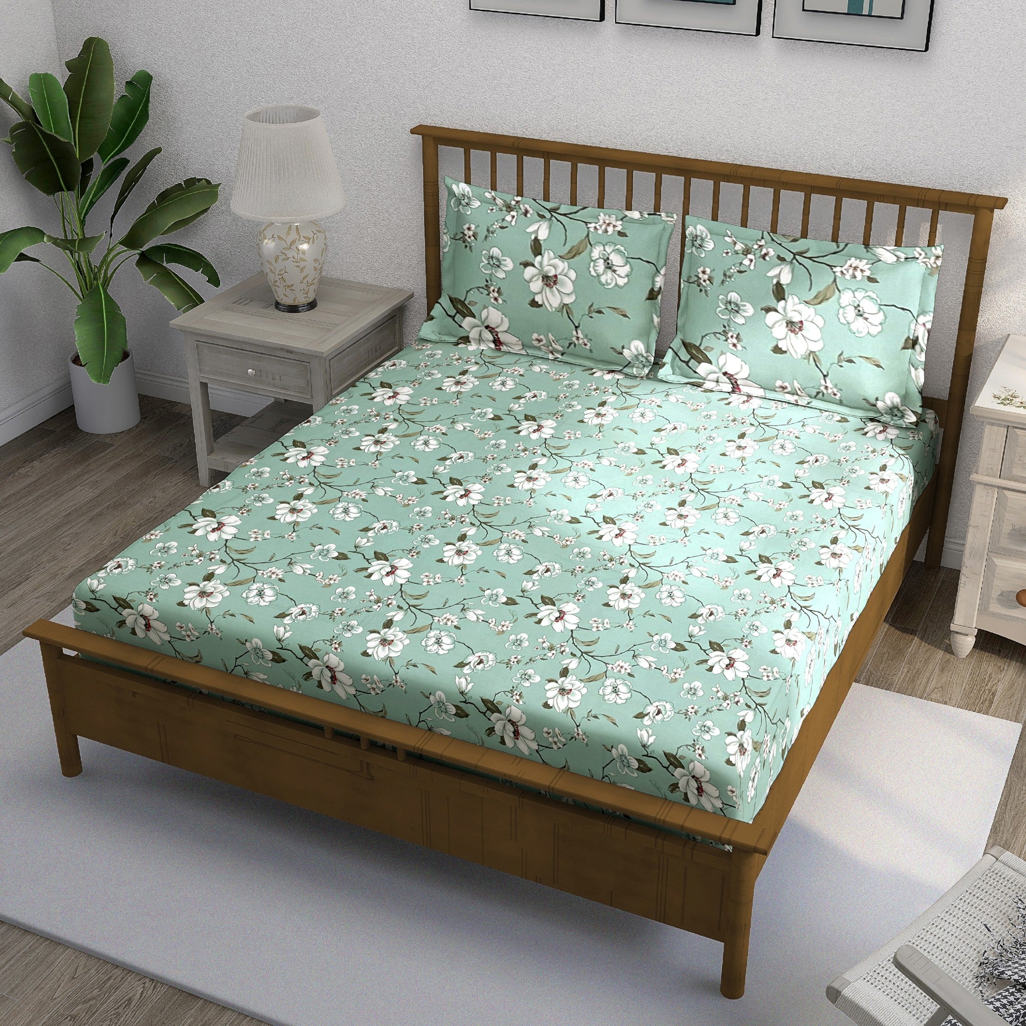 Aqua Spring - 210TC Pure Cotton King Fitted Bedsheet (72x78x10 Inches)