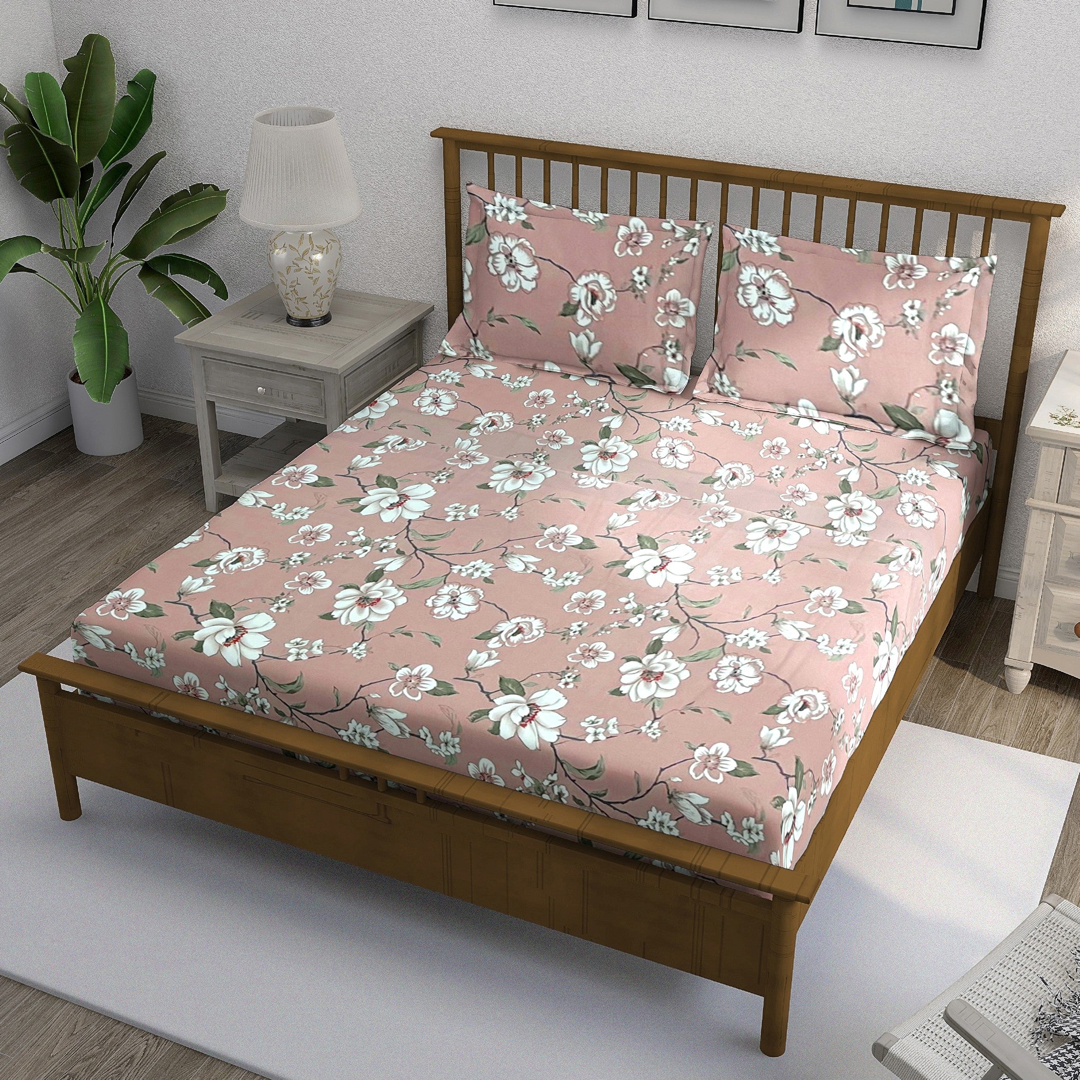 Floral Dusty Rose 210 TC Pure Cotton King Fitted Bedsheet with 2 Pillow Covers (72 x 78 x 10 Inches)