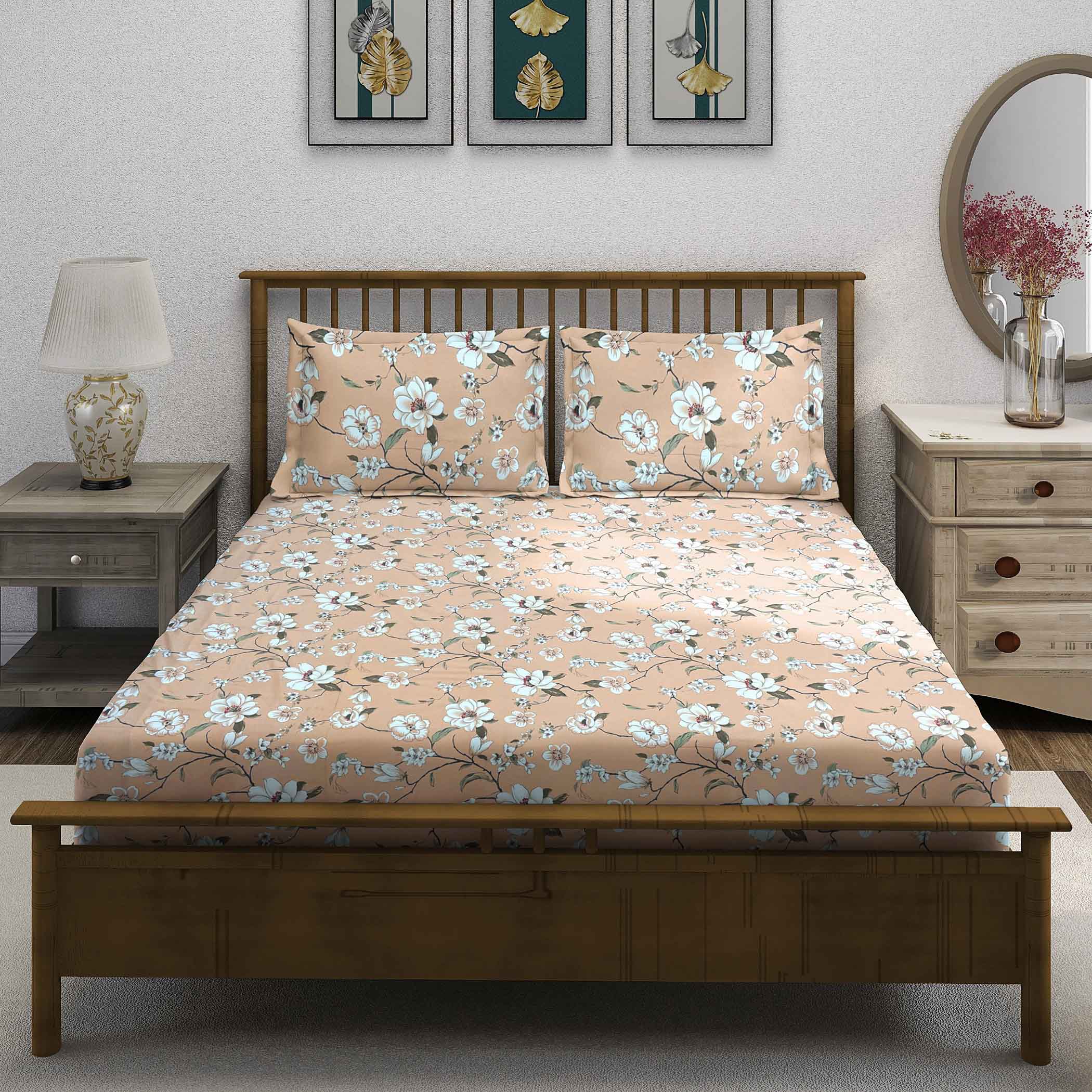Peach Spring - 210TC Pure Cotton Queen Fitted Bedsheet (60x73x10 Inches)