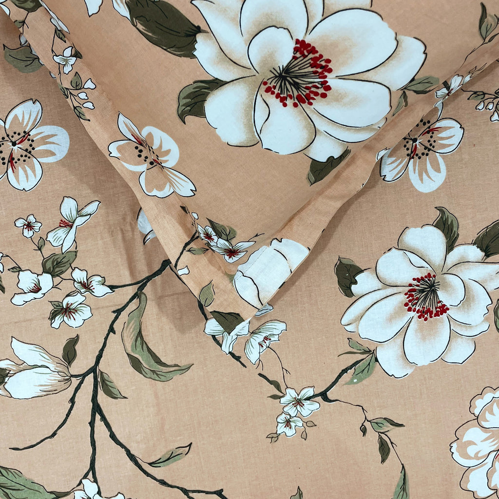 Peach Spring - 210TC Pure Cotton Queen Fitted Bedsheet (60x73x10 Inches)