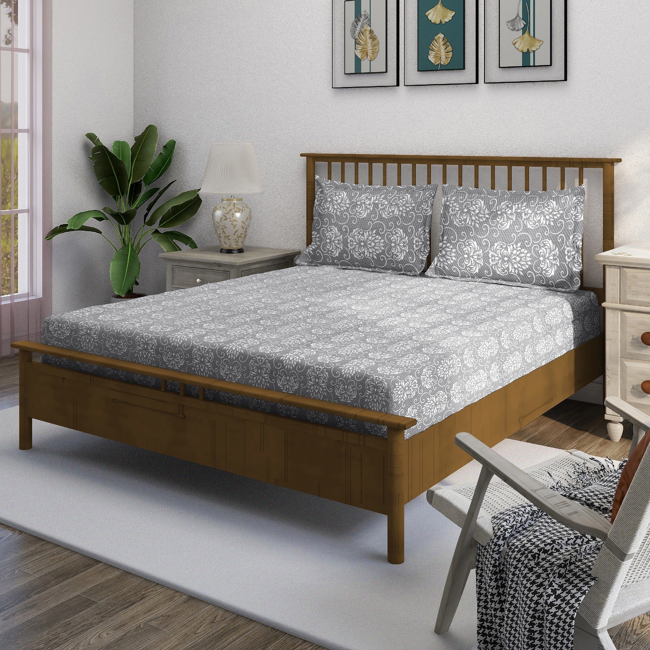 Lavender Swirl - 210TC Pure Cotton Queen Fitted Bedsheet (60x73x10 Inches)