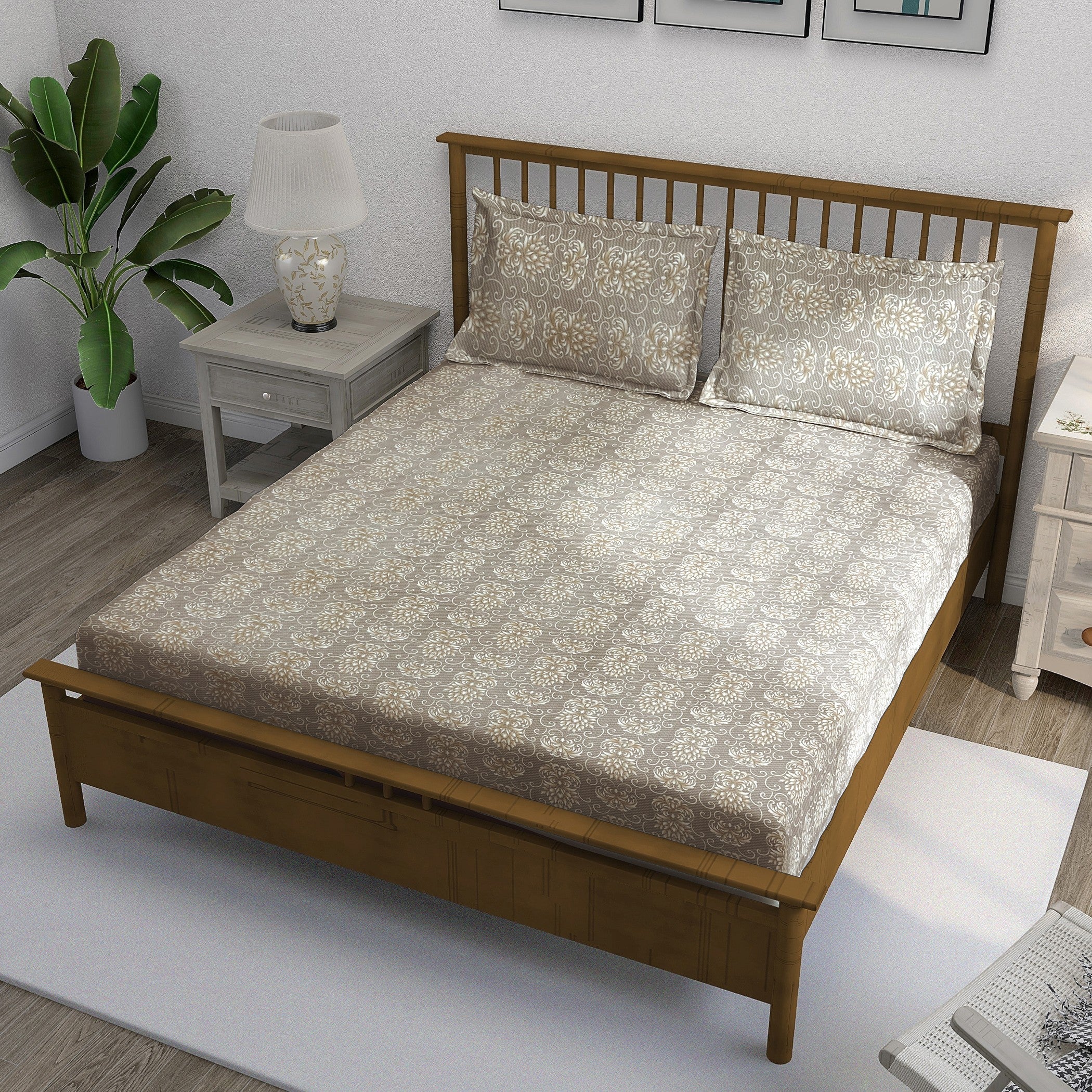 Brown Swirl - 210TC Pure Cotton Queen Fitted Bedsheet (60x73x10 Inches)