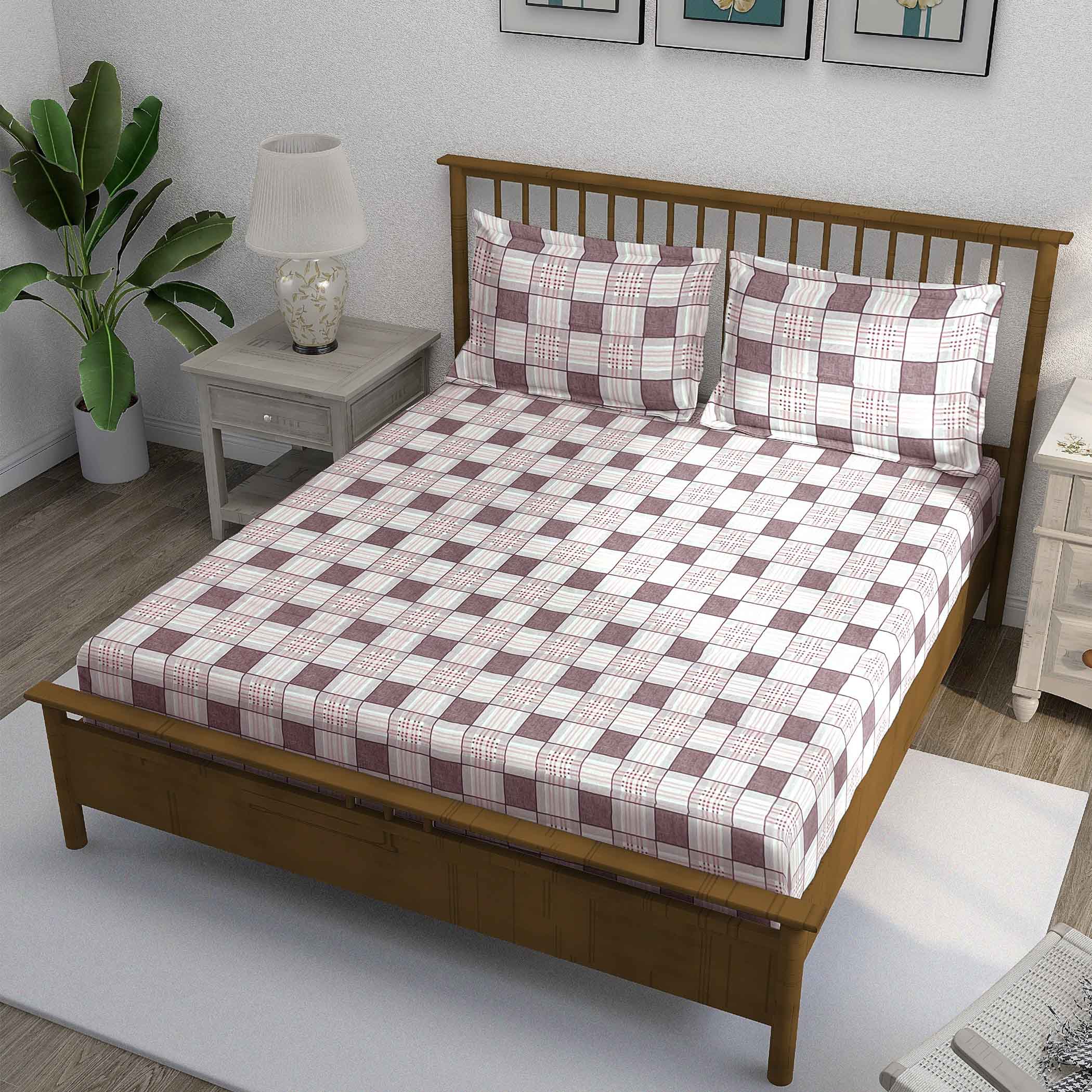 Pink Grid - 210TC Pure Cotton King Fitted Bedsheet (72x78x10 Inches)