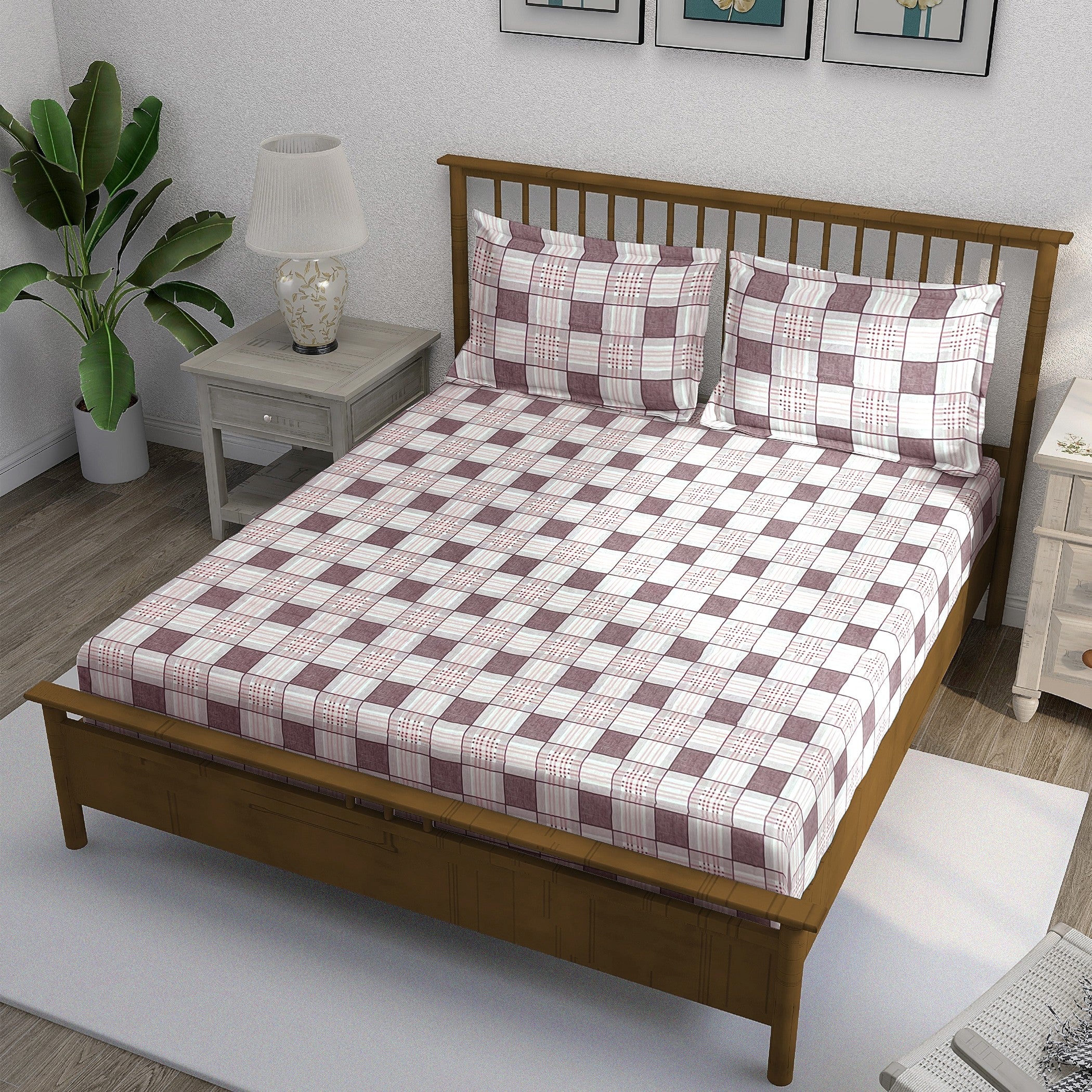 Pink Grid - 210TC Pure Cotton Queen Fitted Bedsheet (60x73x10 Inches)