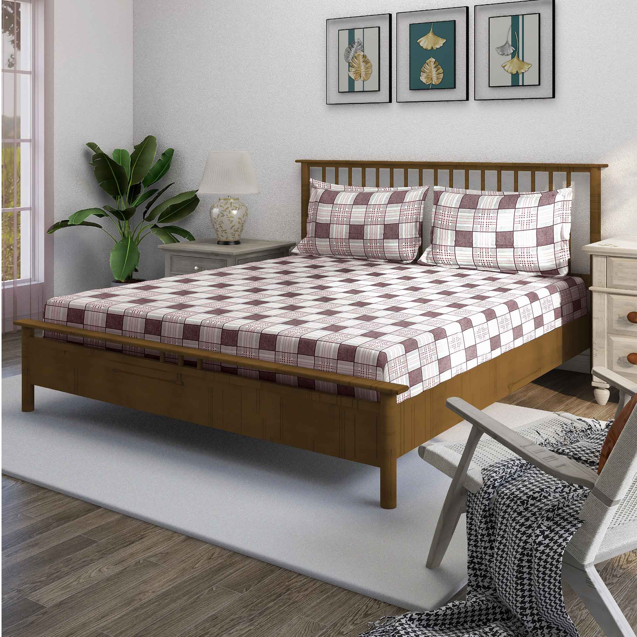 Pink Grid - 210TC Pure Cotton King Fitted Bedsheet (72x78x10 Inches)