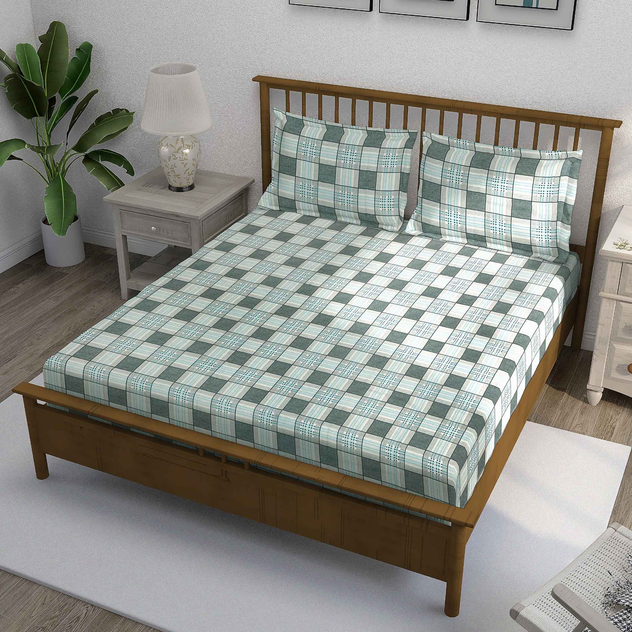 Grey Grid - 210TC Pure Cotton King Fitted Bedsheet (72x78x10 Inches)