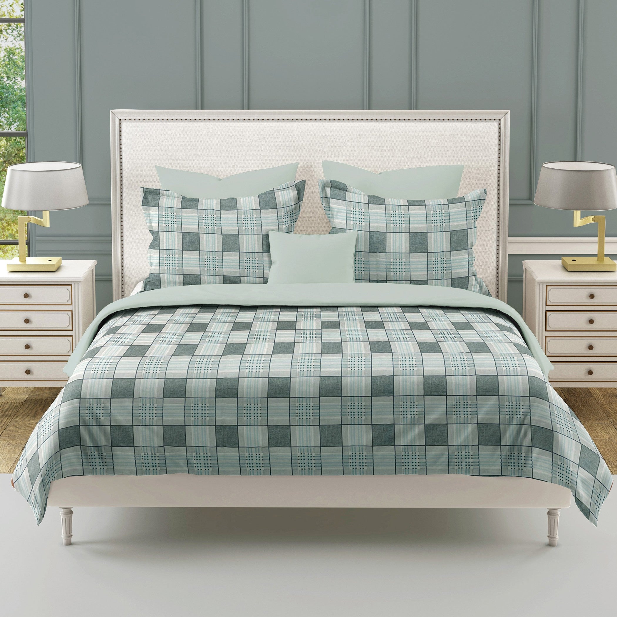 Grey Grid - 210TC Pure Cotton King Fitted Bedsheet (72x78x10 Inches)