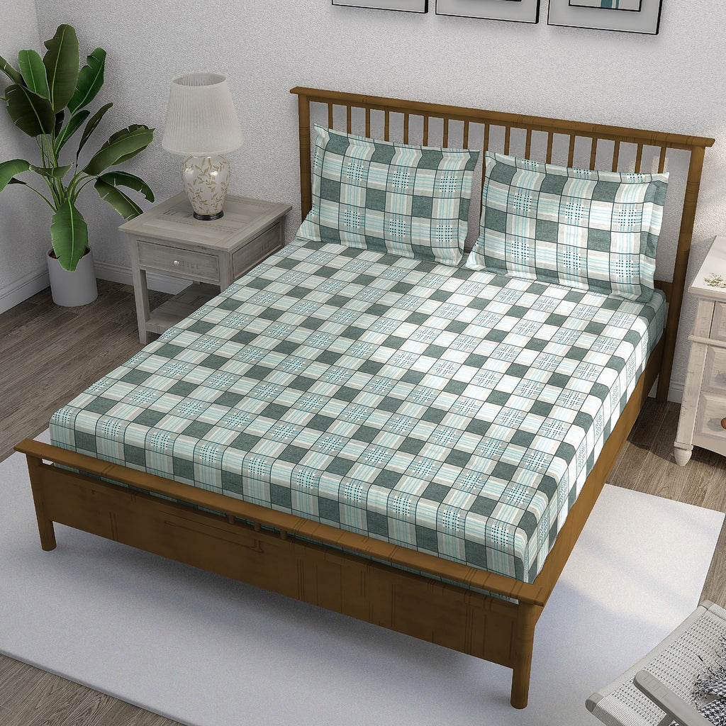 Grey Grid - 210TC Pure Cotton Queen Fitted Bedsheet (60x73x10 Inches)