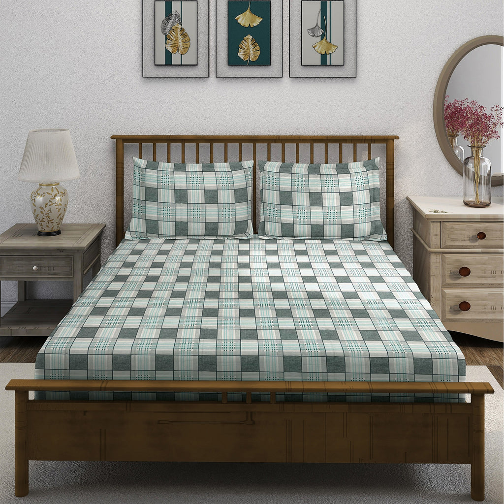 Grey Grid - 210TC Pure Cotton King Fitted Bedsheet (72x78x10 Inches)