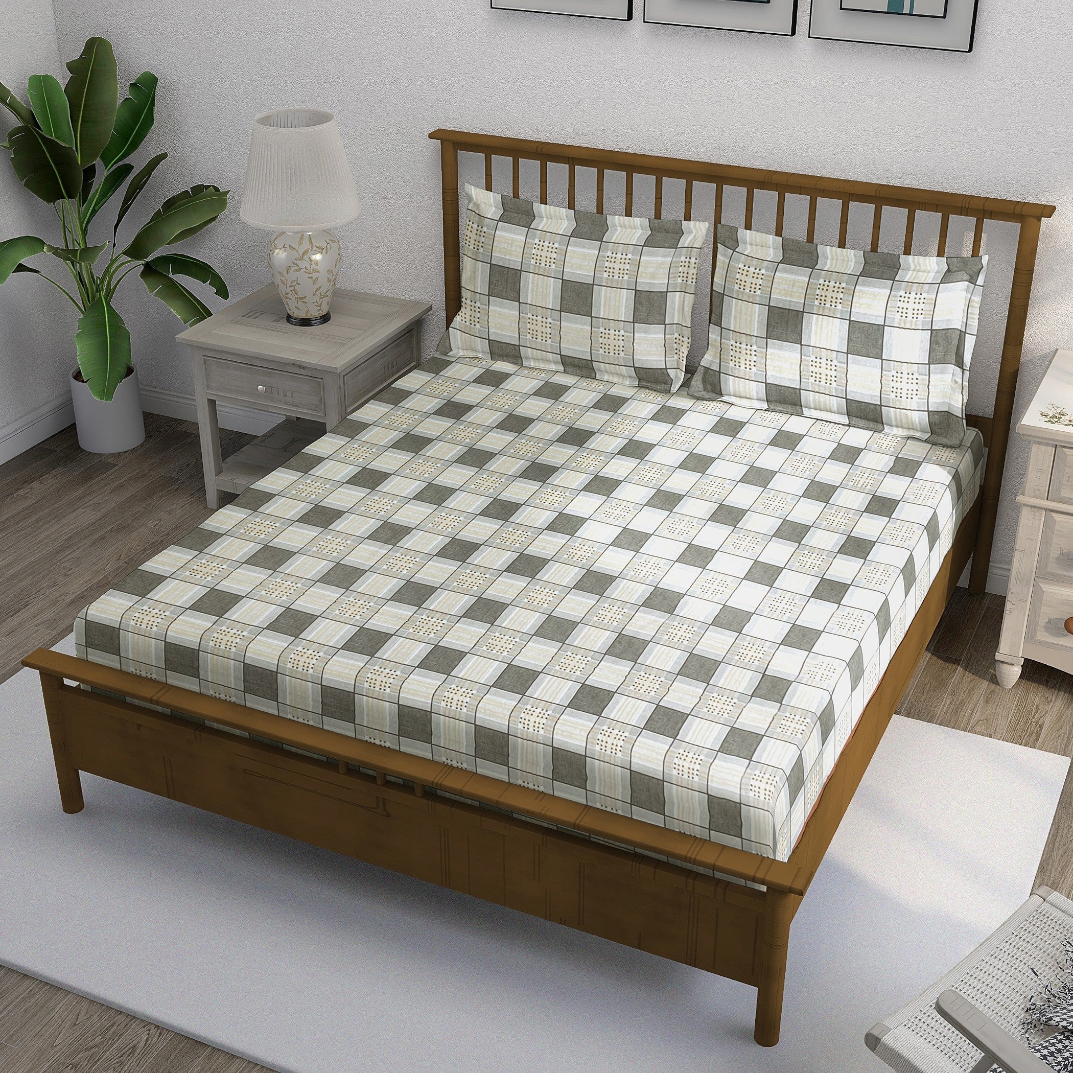 Bee Grid - 210TC Pure Cotton Queen Fitted Bedsheet (60x73x10 Inches)