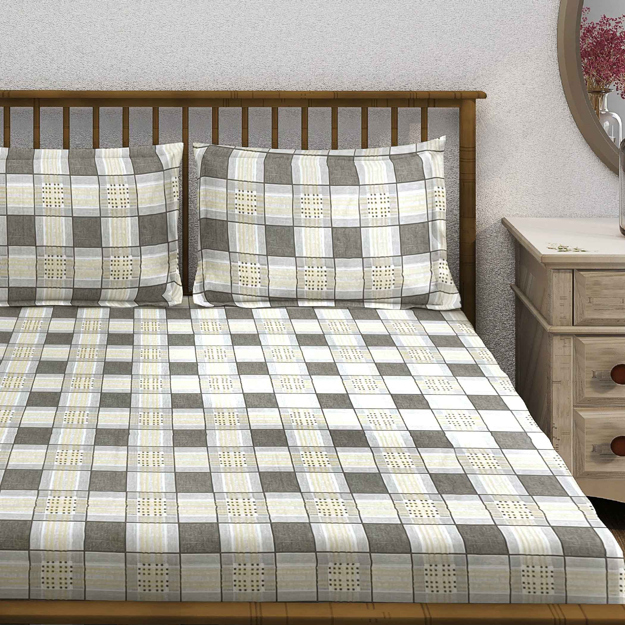 Bee Grid - 210TC Pure Cotton King Fitted Bedsheet (72x78x10 Inches)