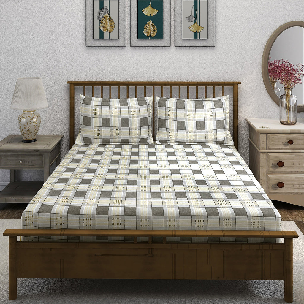 Bee Grid - 210TC Pure Cotton Queen Fitted Bedsheet (60x73x10 Inches)