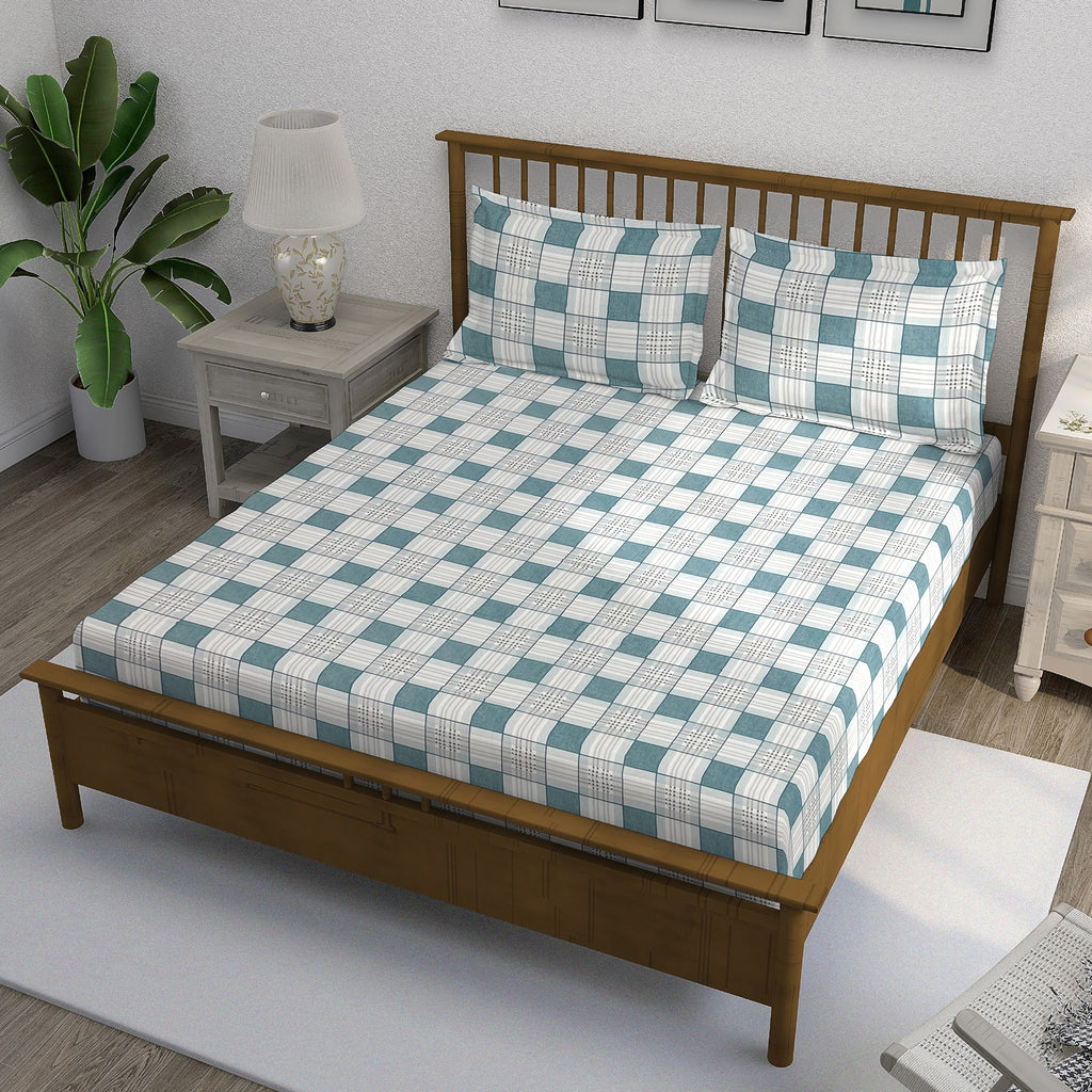 Teal Grid - 210TC Pure Cotton Queen Fitted Bedsheet (60x73x10 Inches)