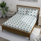 Teal Grid - 210TC Pure Cotton Queen Fitted Bedsheet (60x73x10 Inches)