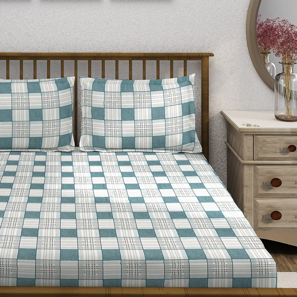 Teal Grid - 210TC Pure Cotton Queen Fitted Bedsheet (60x73x10 Inches)