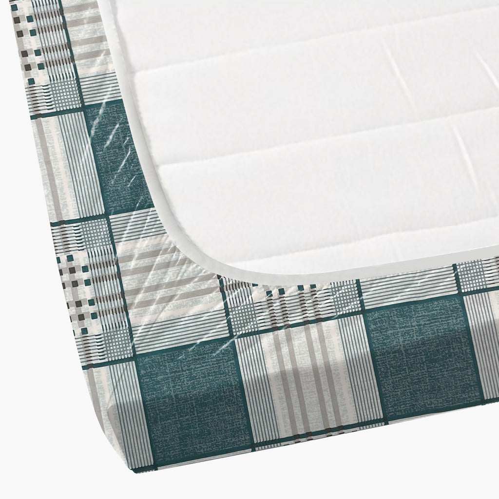 Teal Grid - 210TC Pure Cotton Queen Fitted Bedsheet (60x73x10 Inches)