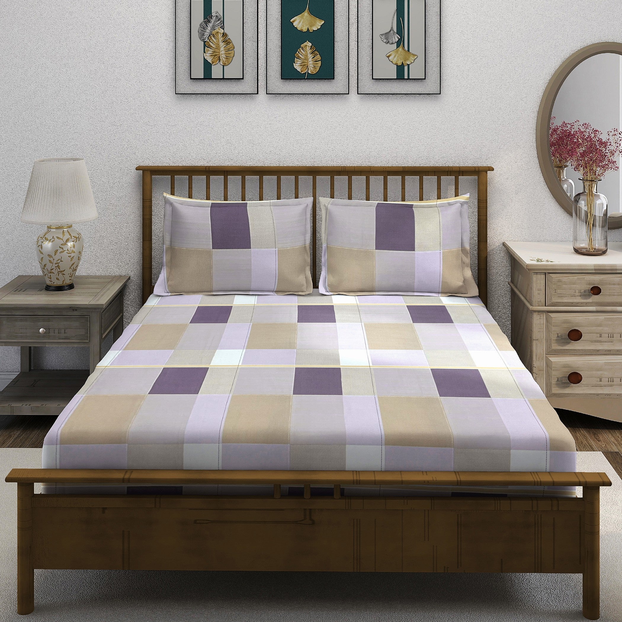Lavender Squares - 210TC Pure Cotton Queen Fitted Bedsheet (60x73x10 Inches)